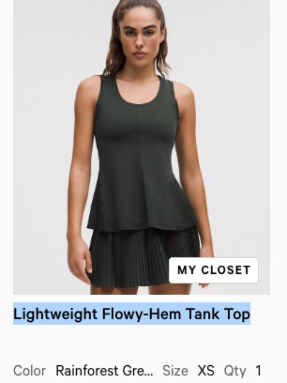Lululemon - Lightweight Flowy-Hem Tank Top (Forest Green) Size XS